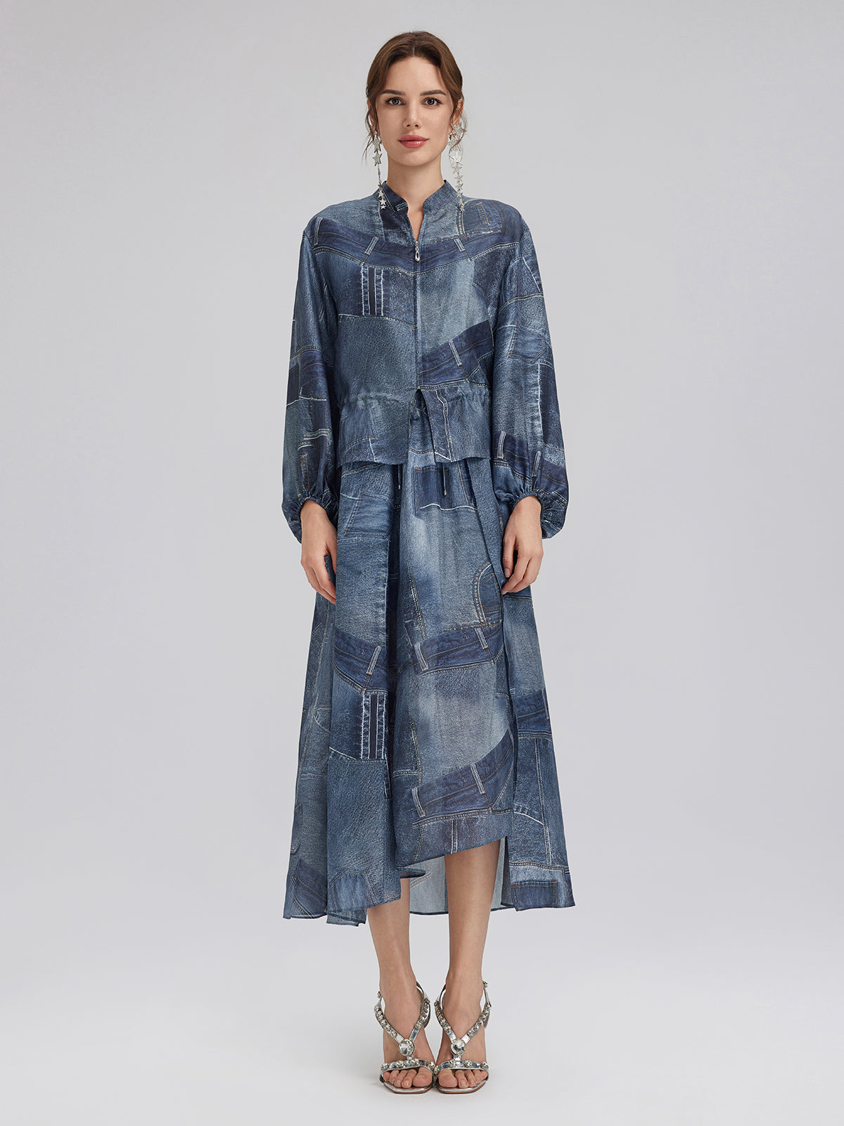 İpek Şifon Kot Desenli Etek