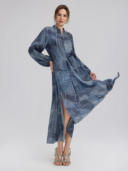 İpek Şifon Kot Desenli Etek