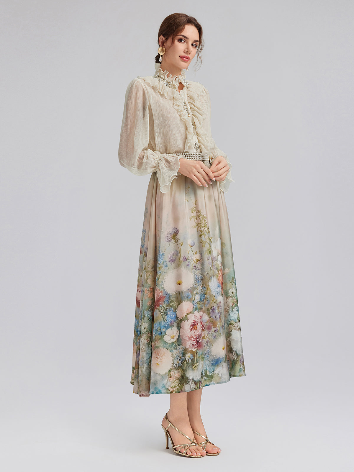 Empresyonist Çiçekli İpek Bağlamalı Bluz