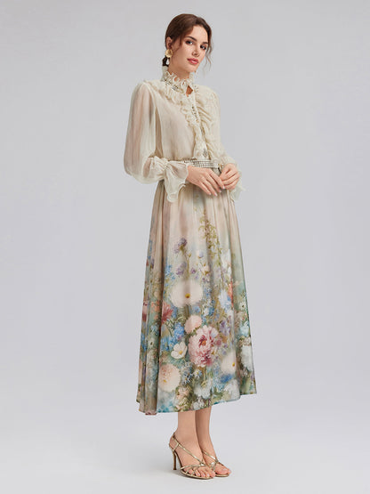 Empresyonist Çiçekli İpek Bağlamalı Bluz