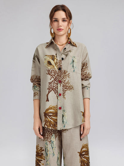 Desenli Keten Görünümlü Uzun Kollu Gömlek