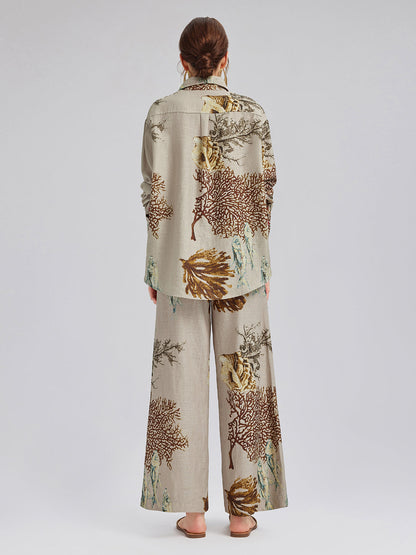 Desenli Keten Görünümlü Uzun Kollu Gömlek