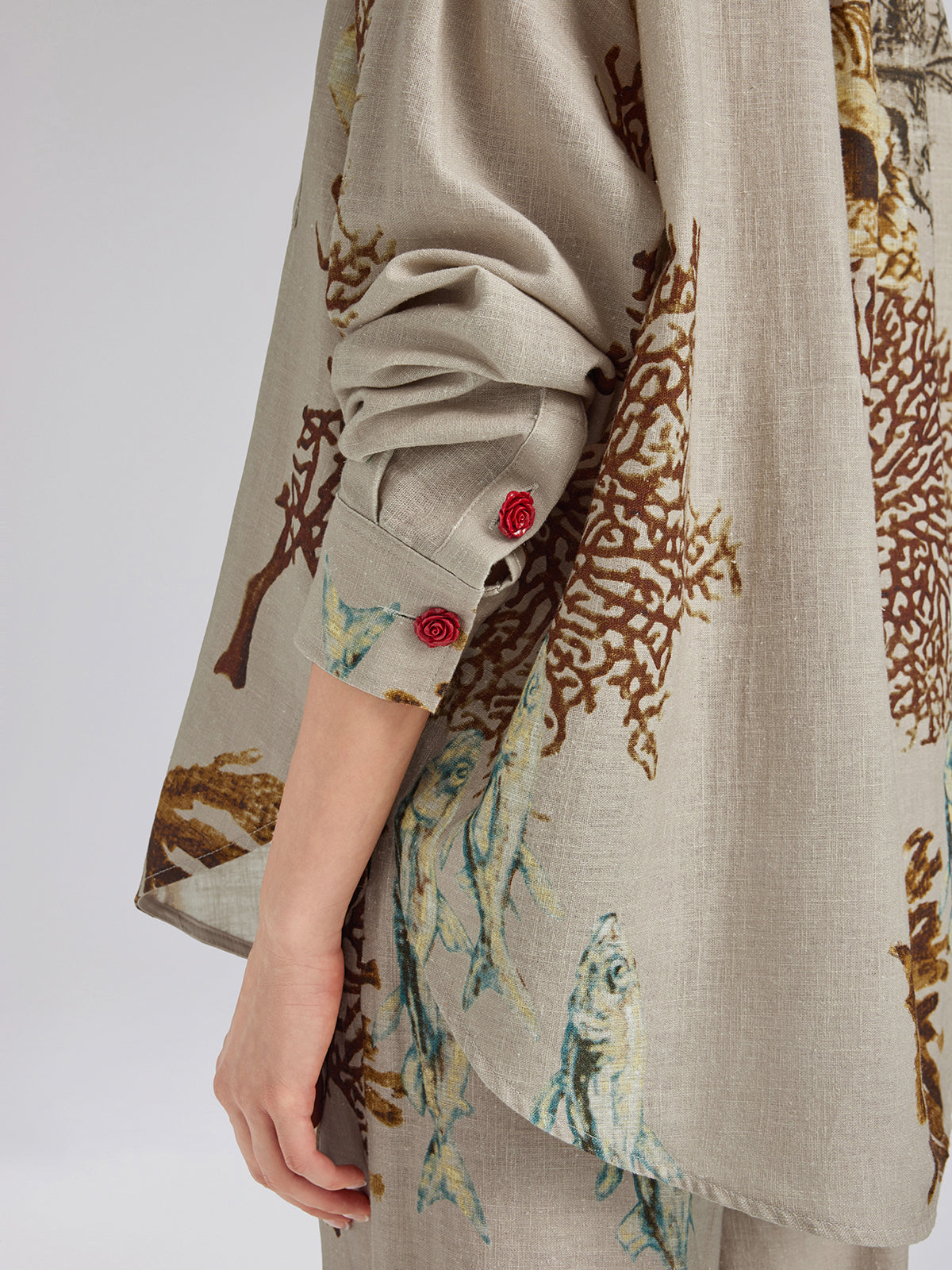 Desenli Keten Görünümlü Uzun Kollu Gömlek