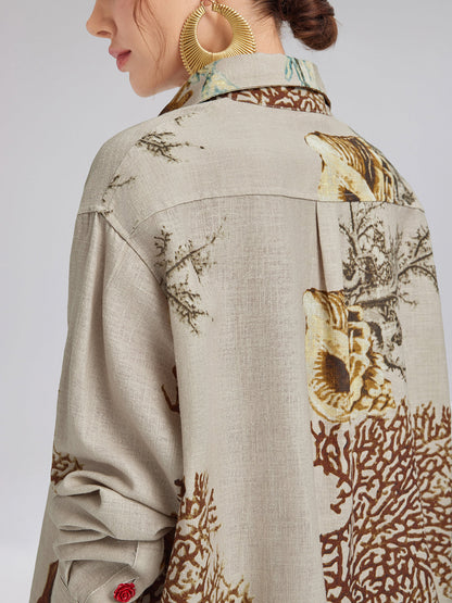 Desenli Keten Görünümlü Uzun Kollu Gömlek