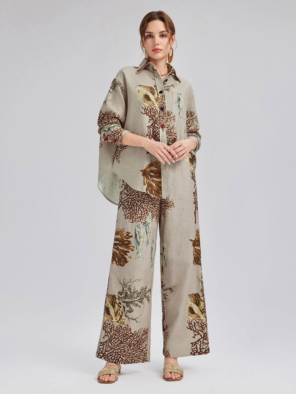 Desenli Keten Görünümlü Beli Lastikli Pantolon