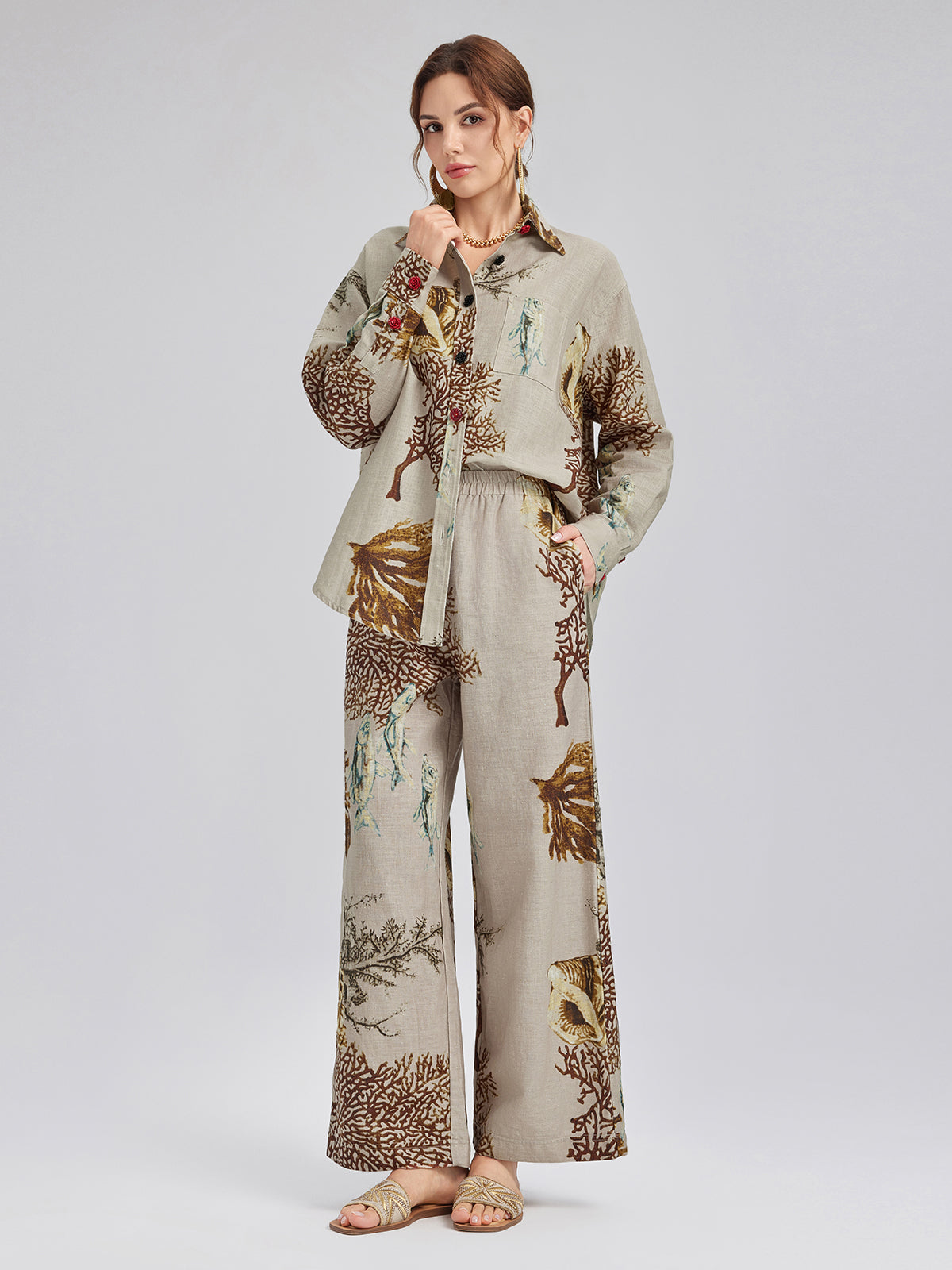 Desenli Keten Görünümlü Uzun Kollu Gömlek