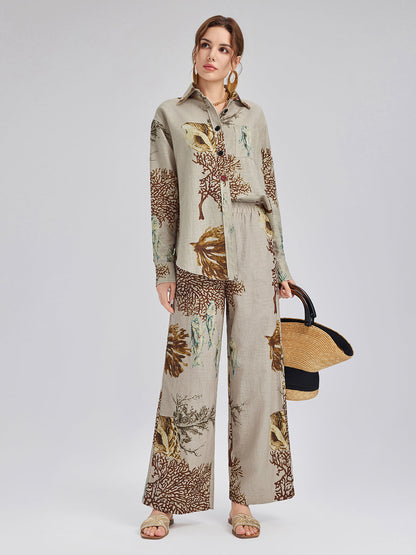 Desenli Keten Görünümlü Uzun Kollu Gömlek