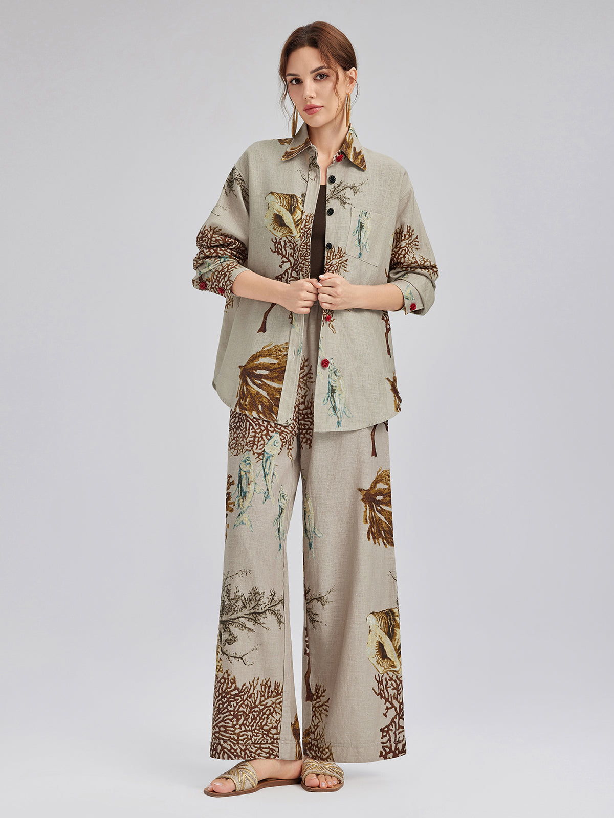 Desenli Keten Görünümlü Beli Lastikli Pantolon