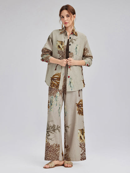 Desenli Keten Görünümlü Beli Lastikli Pantolon