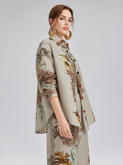 Desenli Keten Görünümlü Uzun Kollu Gömlek