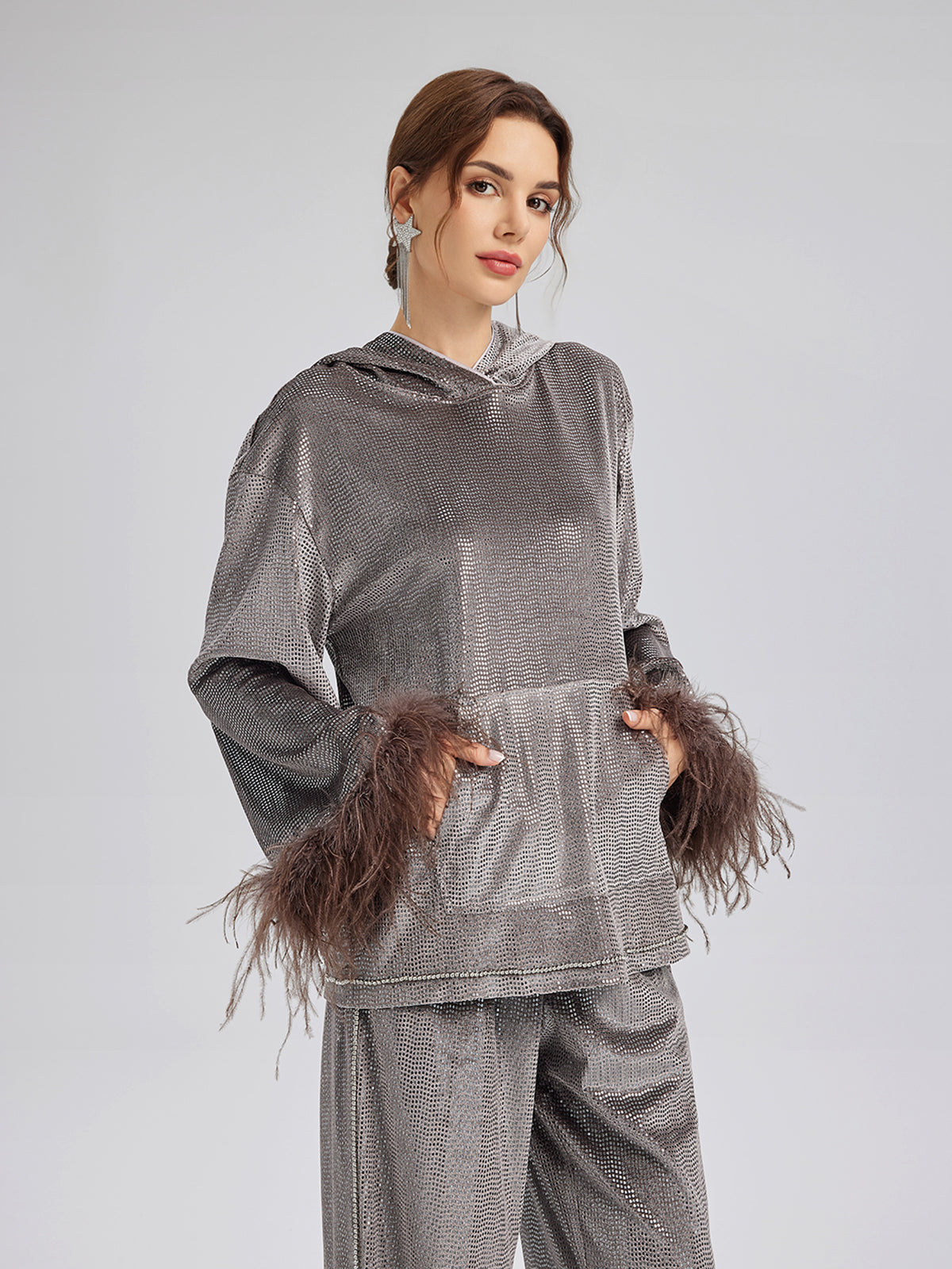 Tüyleri Çıkabilir El İşlemesi Kapüşonlu Üst