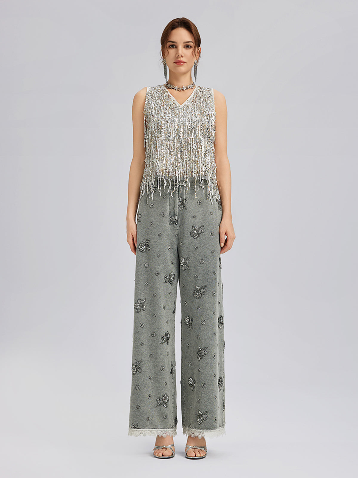 Parça Boyama Boncuklu Dantel Kenarlı Pantolon