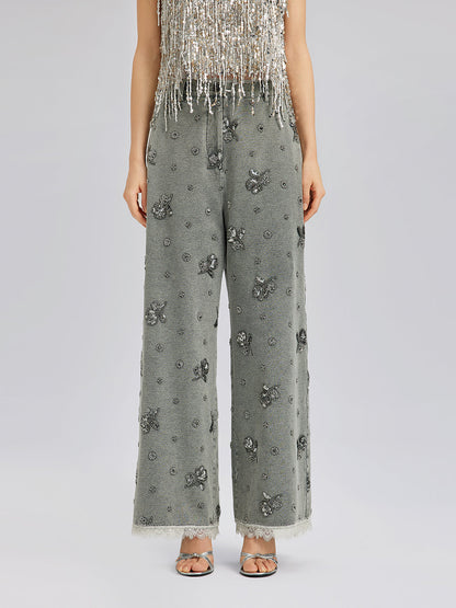 Parça Boyama Boncuklu Dantel Kenarlı Pantolon