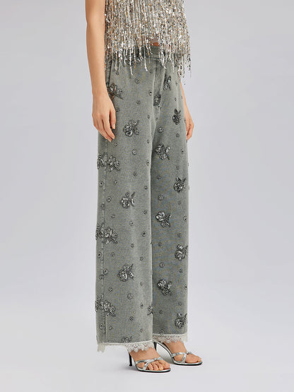 Parça Boyama Boncuklu Dantel Kenarlı Pantolon