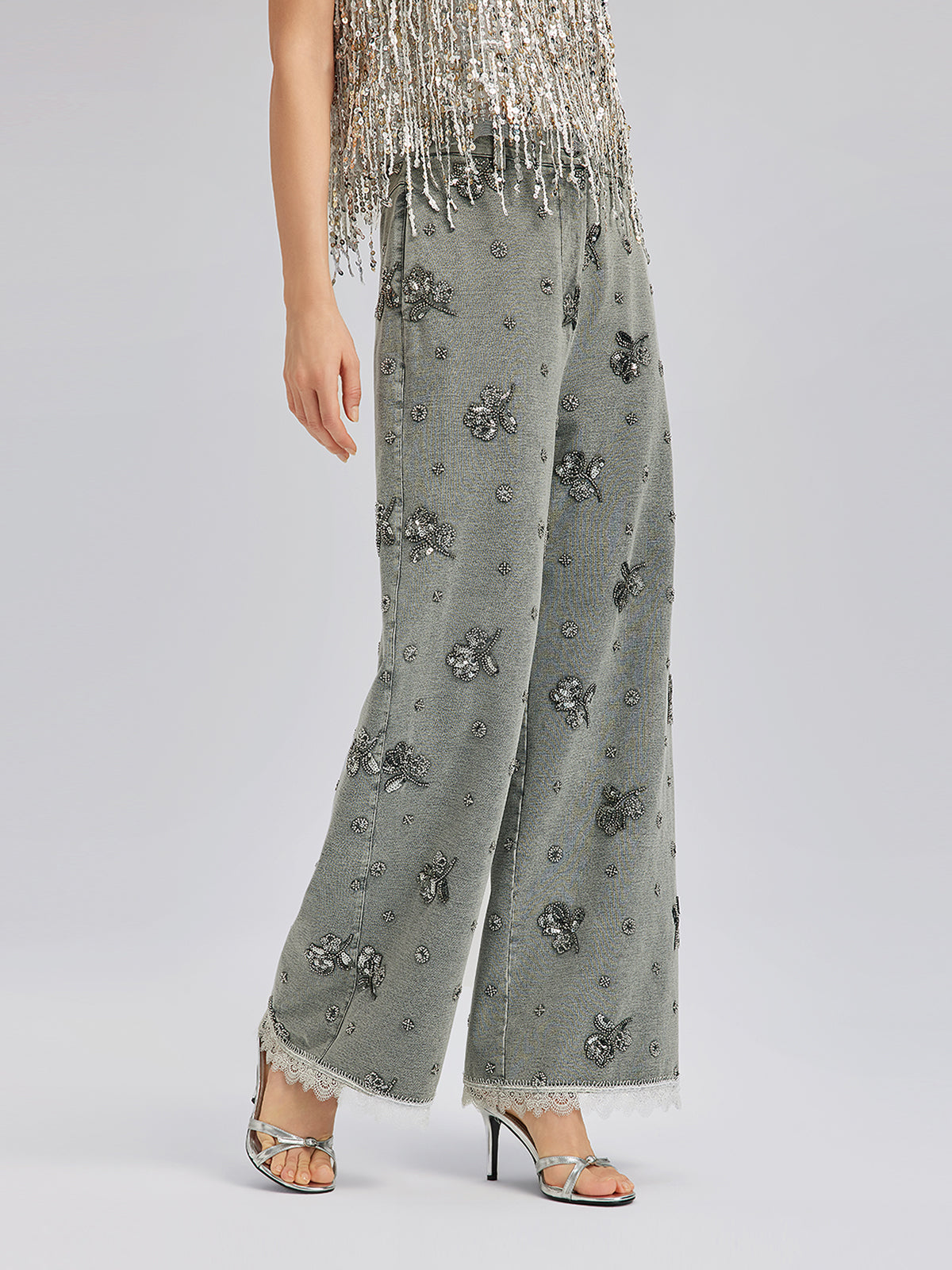 Parça Boyama Boncuklu Dantel Kenarlı Pantolon