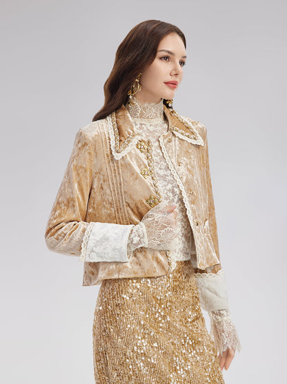 Kadife Dantel Kenarlı Kısa Ceket