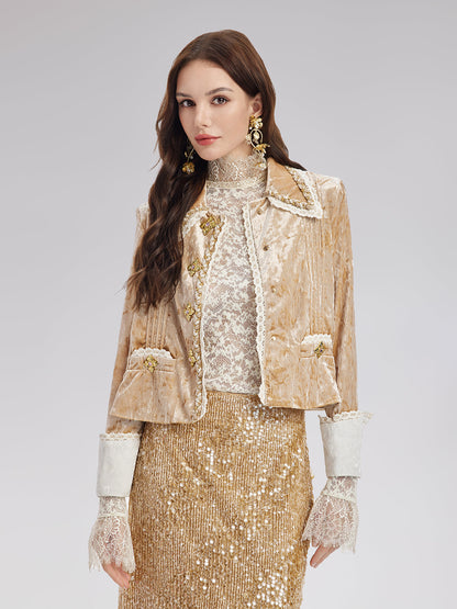 Kadife Dantel Kenarlı Kısa Ceket