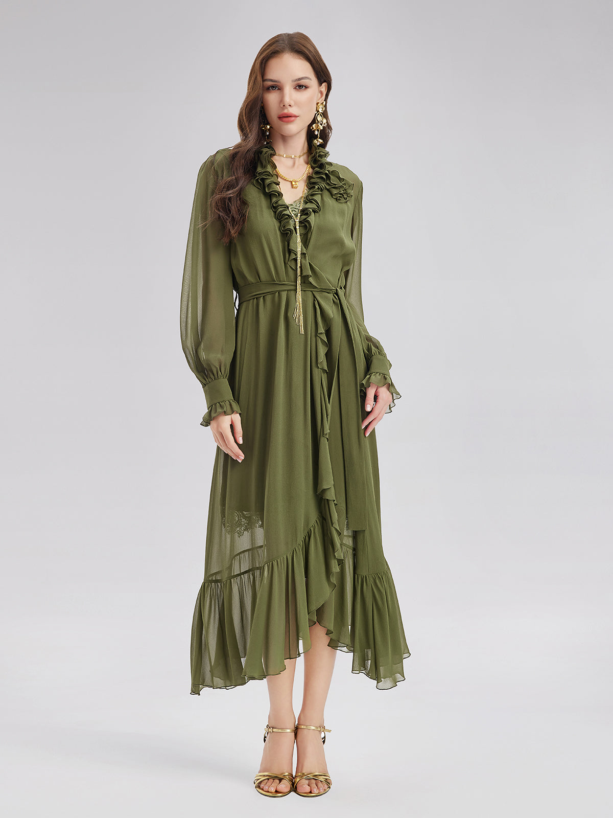 İpek Fırfır Etekli Uzun Elbise ve Dantel Askılısı