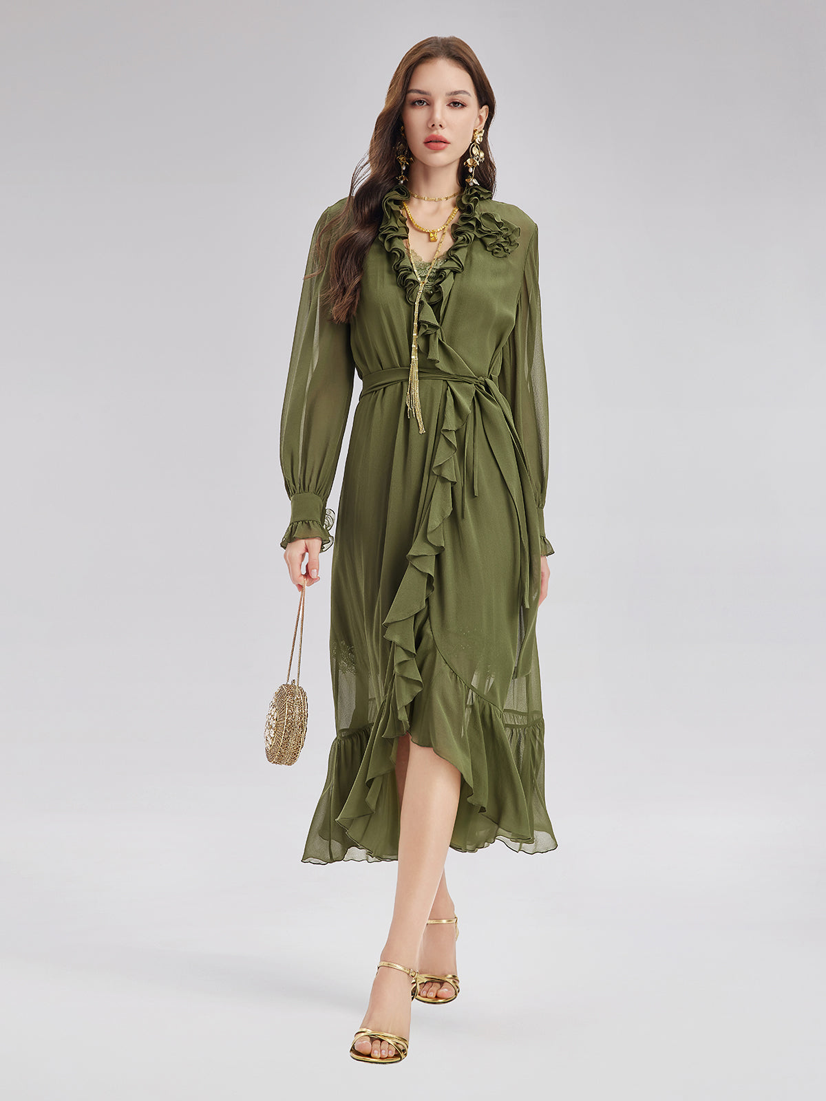 İpek Fırfır Etekli Uzun Elbise ve Dantel Askılısı