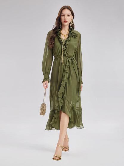 İpek Fırfır Etekli Uzun Elbise ve Dantel Askılısı