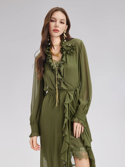 İpek Fırfır Etekli Uzun Elbise ve Dantel Askılısı