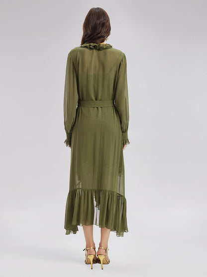 İpek Fırfır Etekli Uzun Elbise ve Dantel Askılısı