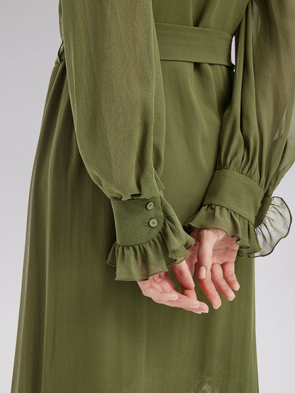 İpek Fırfır Etekli Uzun Elbise ve Dantel Askılısı