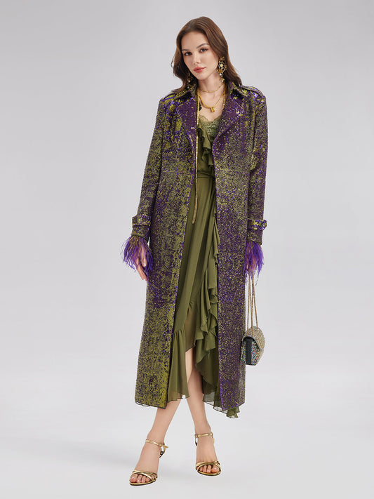 İki Renkli Pullu Devekuşu Tüyü Trençkot