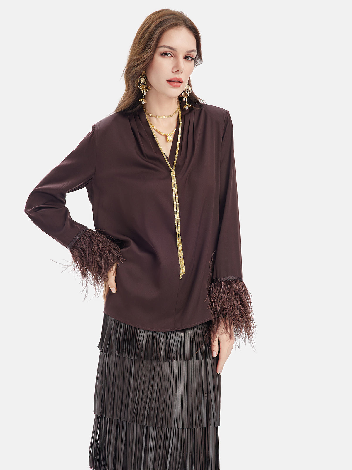 Devekuşu Tüyü Manşetli İpek Gömlek