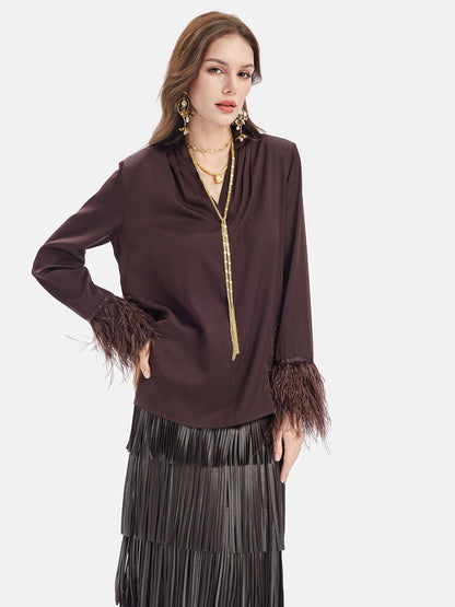 Devekuşu Tüyü Manşetli İpek Gömlek