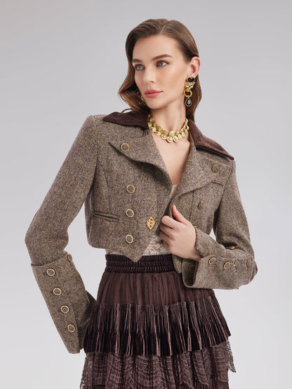 Avustralya Yünü Karışımlı Blok Renkli Kısa Ceket