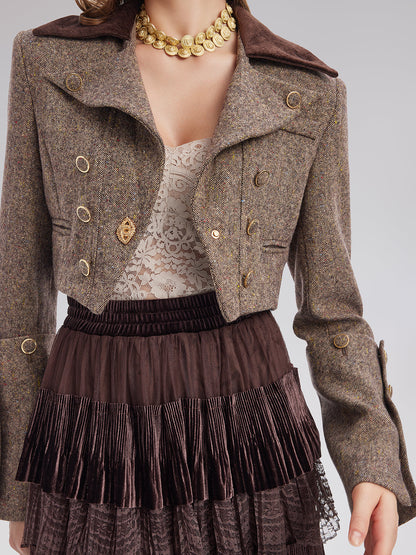 Avustralya Yünü Karışımlı Blok Renkli Kısa Ceket