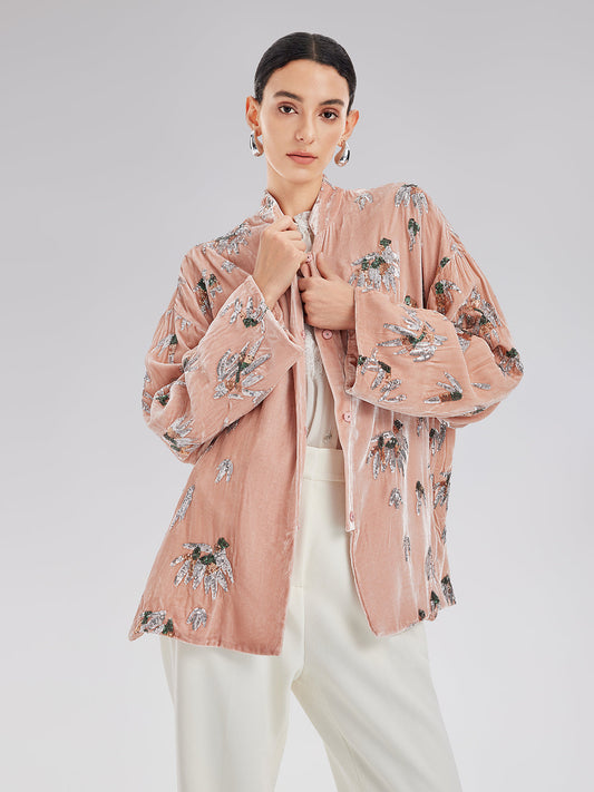 Şık Kadife Nakışlı Etnik Ceket