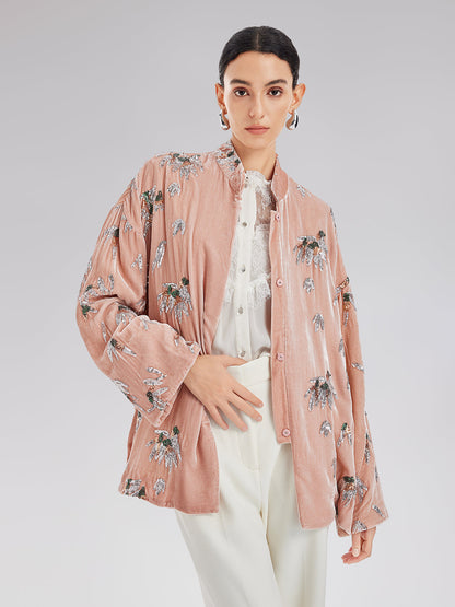 Şık Kadife Nakışlı Etnik Ceket