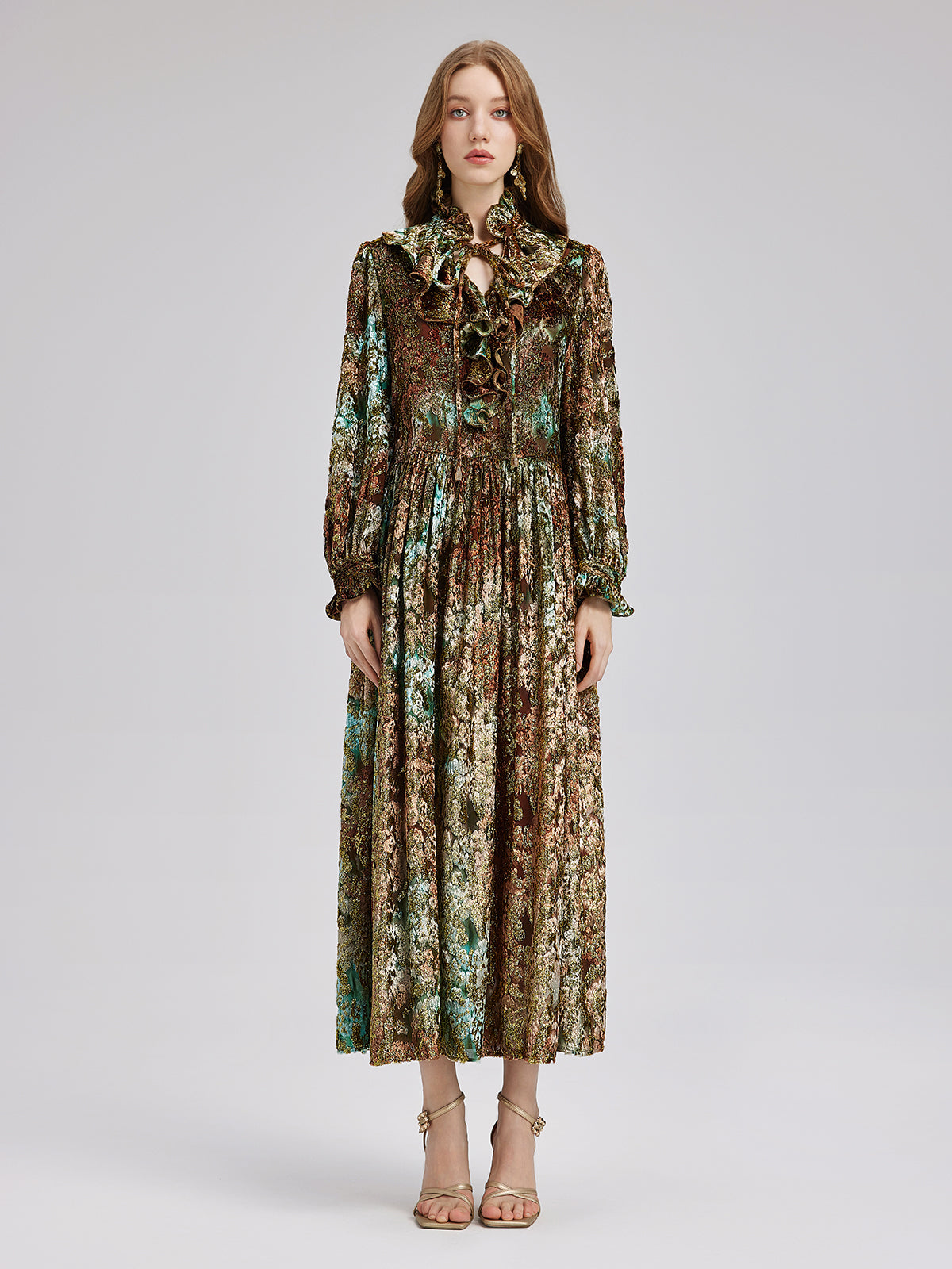 Yakma Kadife Altın Gölgeli Desenli Elbise