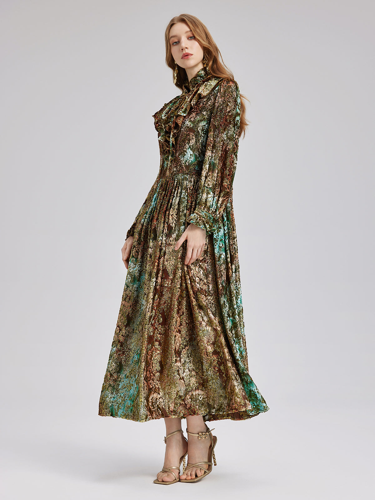 Yakma Kadife Altın Gölgeli Desenli Elbise