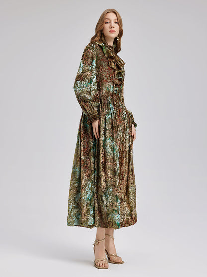 Yakma Kadife Altın Gölgeli Desenli Elbise