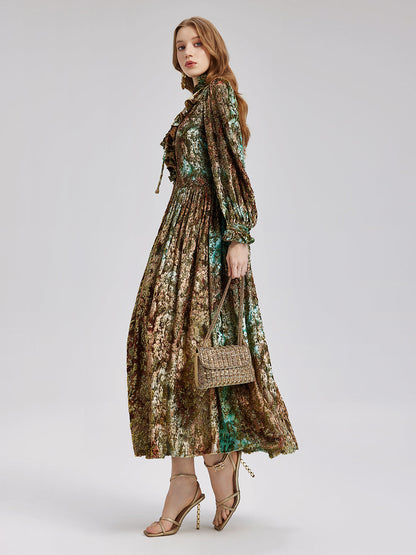 Yakma Kadife Altın Gölgeli Desenli Elbise