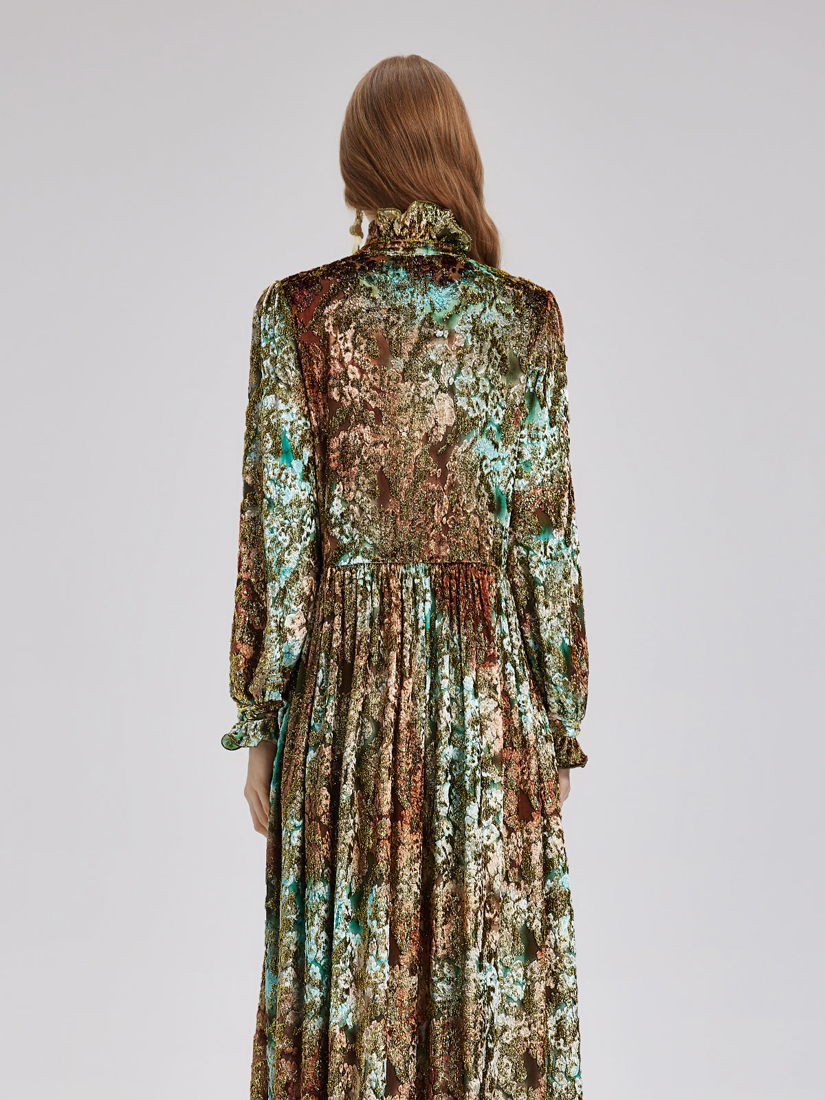 Yakma Kadife Altın Gölgeli Desenli Elbise