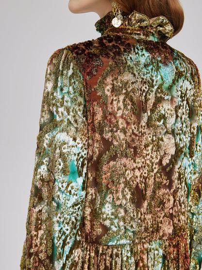 Yakma Kadife Altın Gölgeli Desenli Elbise