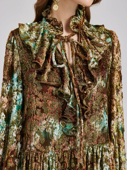 Yakma Kadife Altın Gölgeli Desenli Elbise