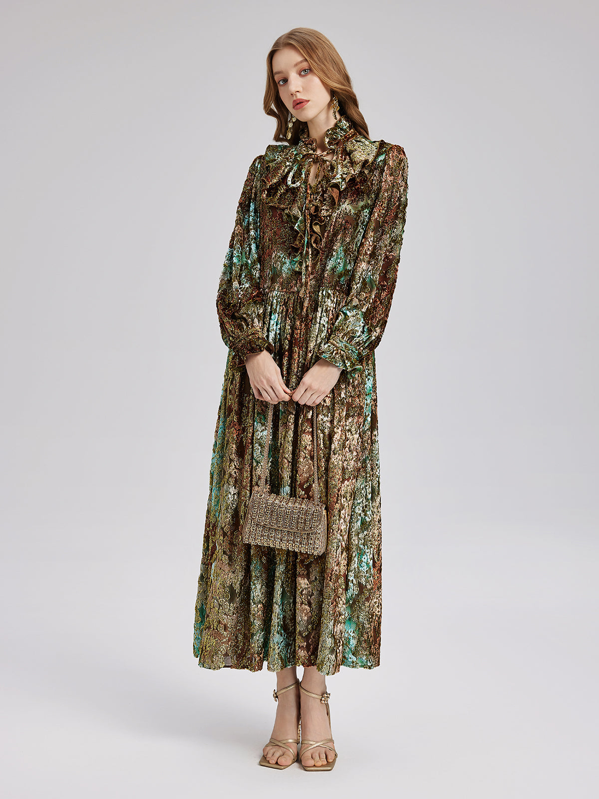 Yakma Kadife Altın Gölgeli Desenli Elbise