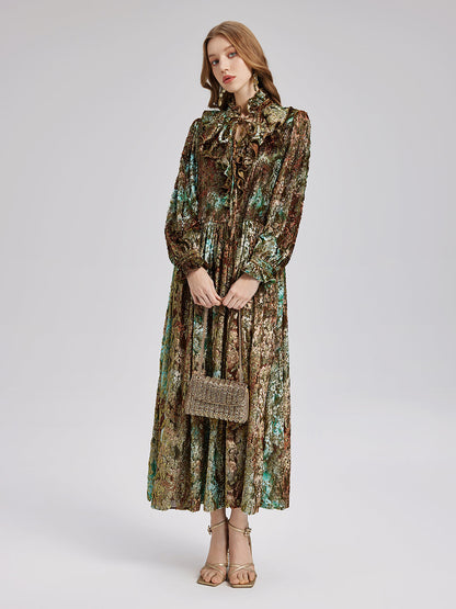 Yakma Kadife Altın Gölgeli Desenli Elbise