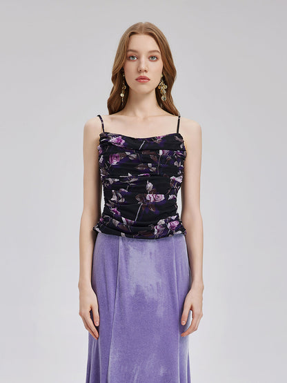 Gül Desenli Büzgülü Askılı Bluz