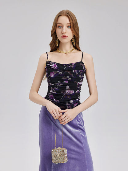 Gül Desenli Büzgülü Askılı Bluz