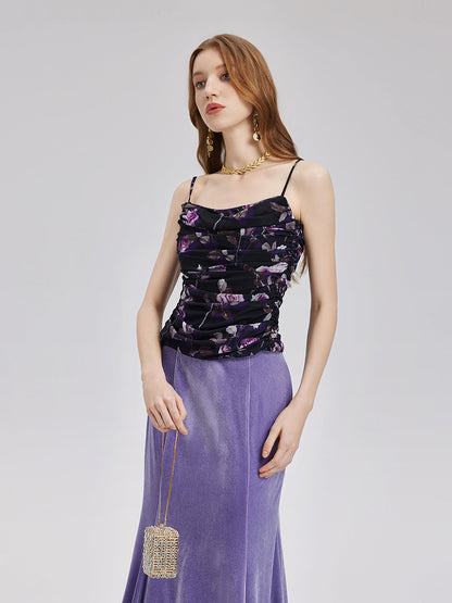 Gül Desenli Büzgülü Askılı Bluz