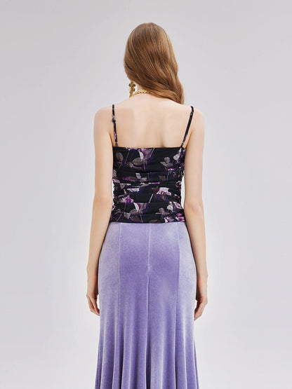 Gül Desenli Büzgülü Askılı Bluz