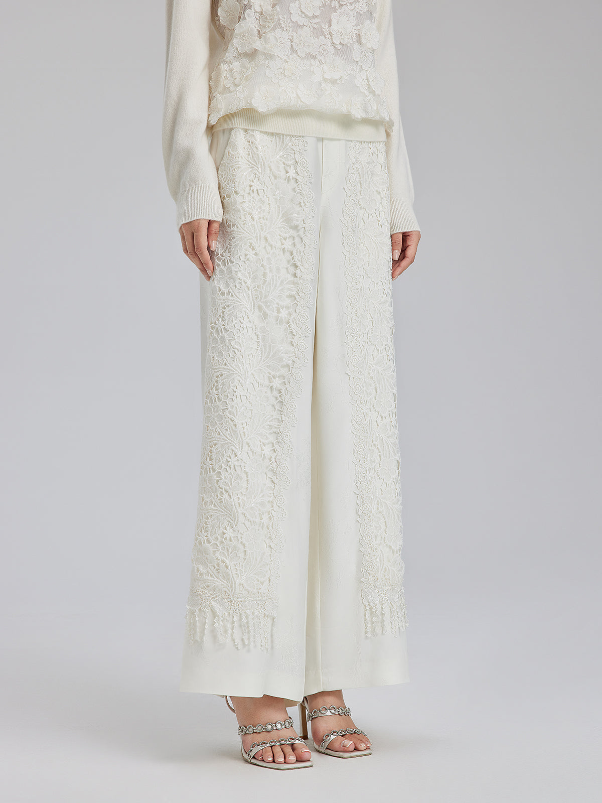 Fransız Dantel Parçalı Jakar Saten Pantolon