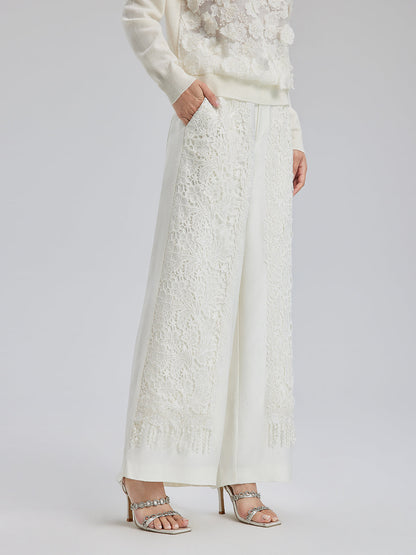 Fransız Dantel Parçalı Jakar Saten Pantolon