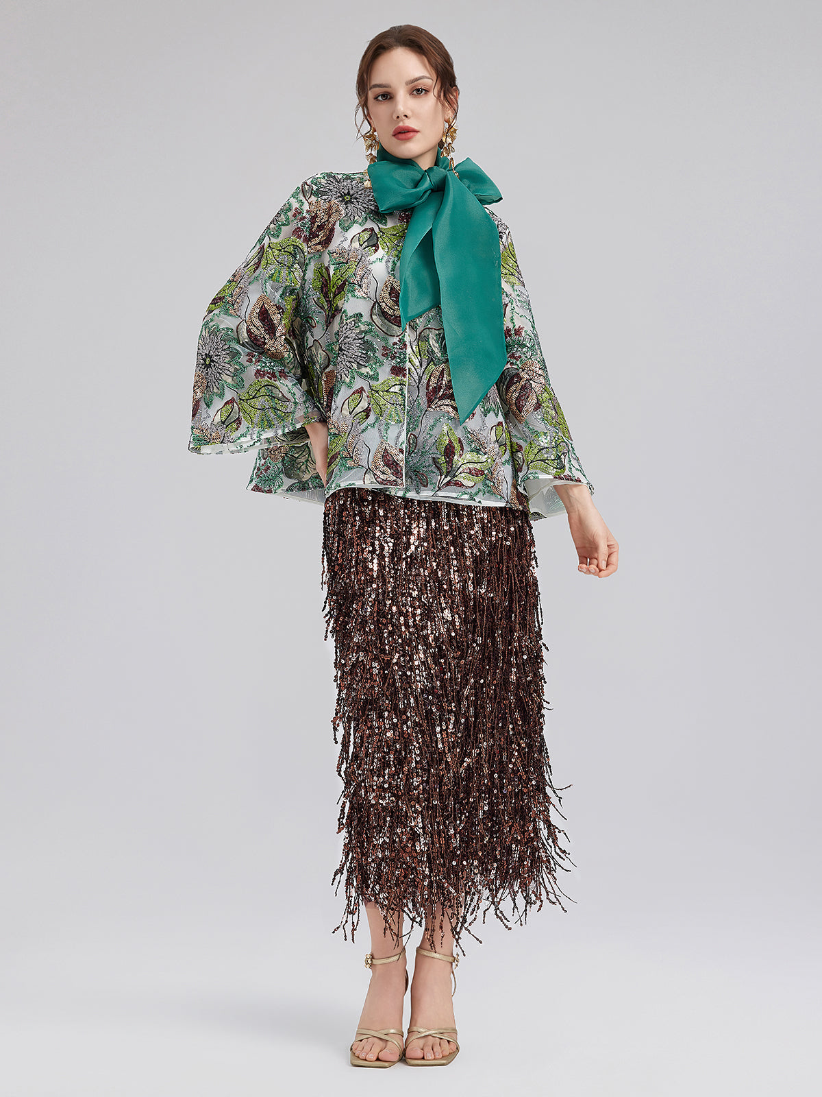 Yeşil Pullu Çiçekli Bol Ceket